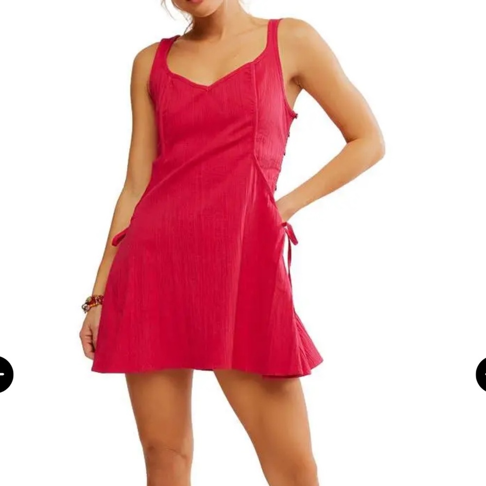 Free People Forever fancy Hot Pink Mini Dress Tie sides with buttons Size S NWT